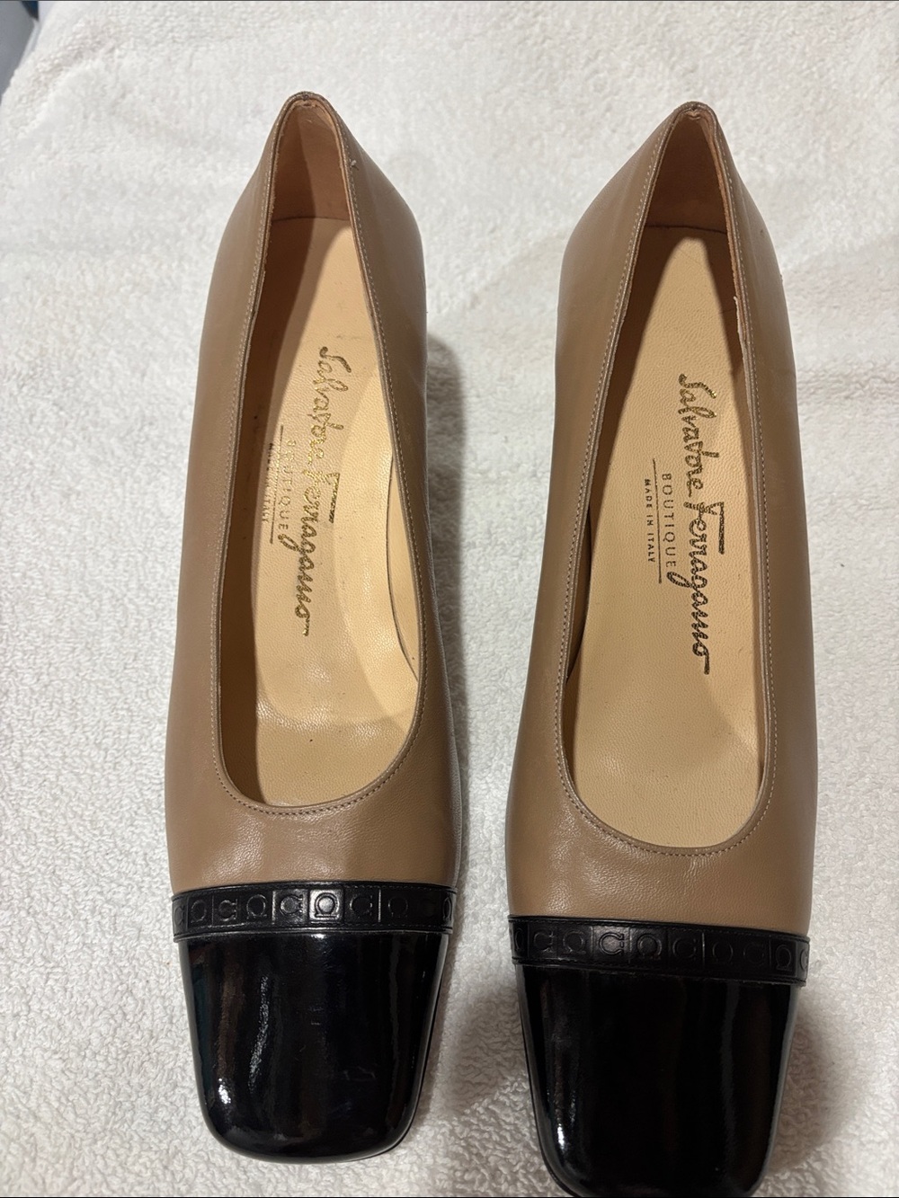 NWOT. Never worn. Salvatore Ferragamo Taupe and Black Cap-Toe Leather Pumps